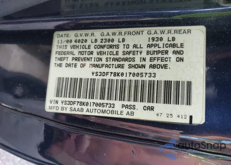 2001 Saab 9-3 Se z USA, uszkodzony, nr VIN YS3DF78K017005733